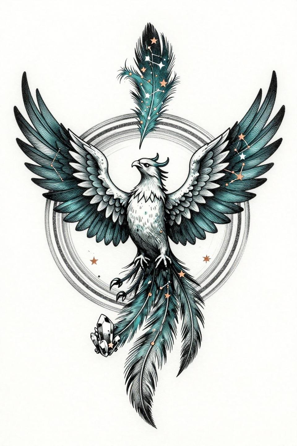 Phoenix healing spiritual tattoo flash, botanical scientific etching style, crosshatch woodcut precision, bilateral wing symmetry, deep teal and copper star accents, crystal cluster base