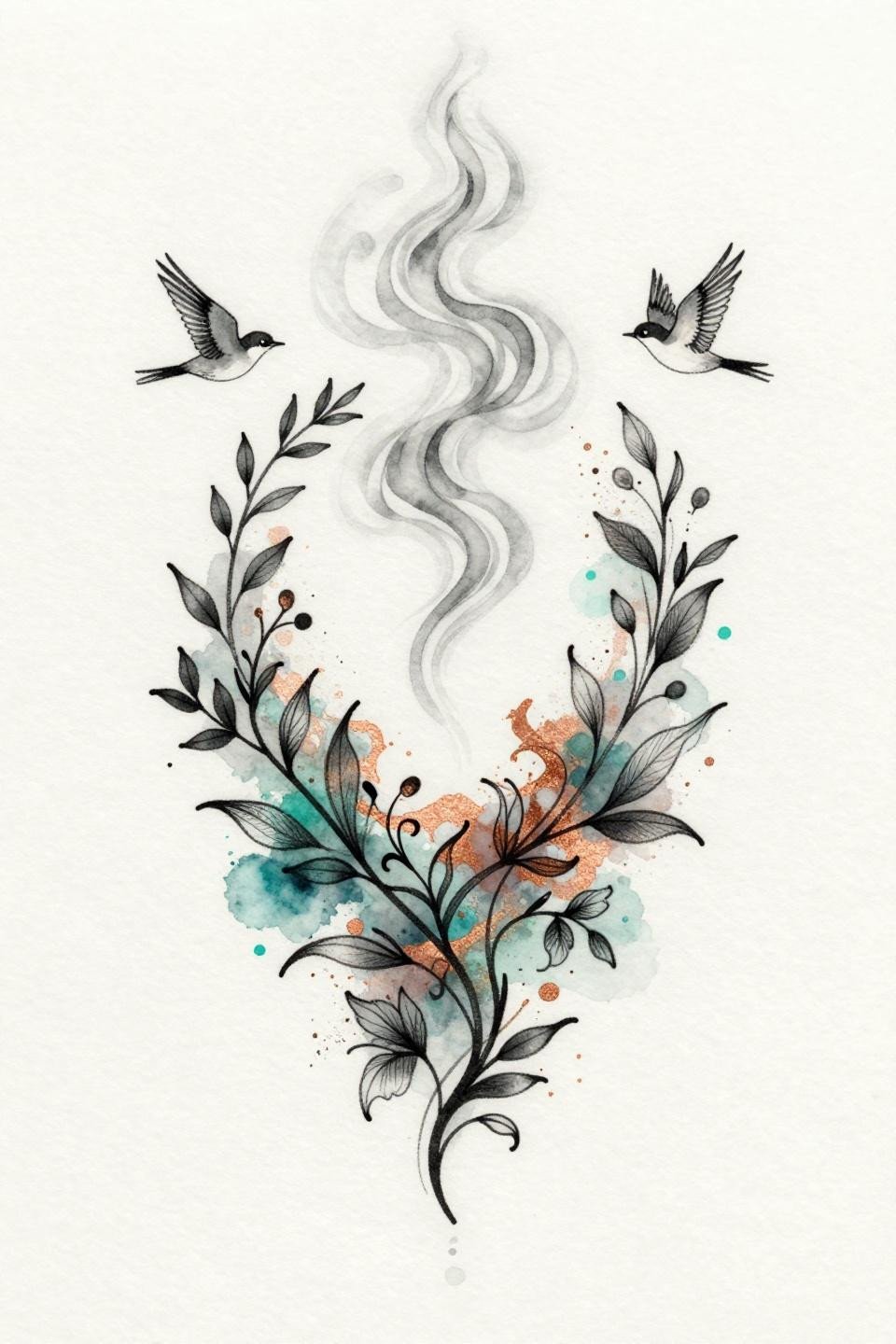 Ethereal spiritual tattoo flash, watercolor splash style, calligraphic ink marks, teal bleeds and copper metallic accents, botanical vine network, birds in flight