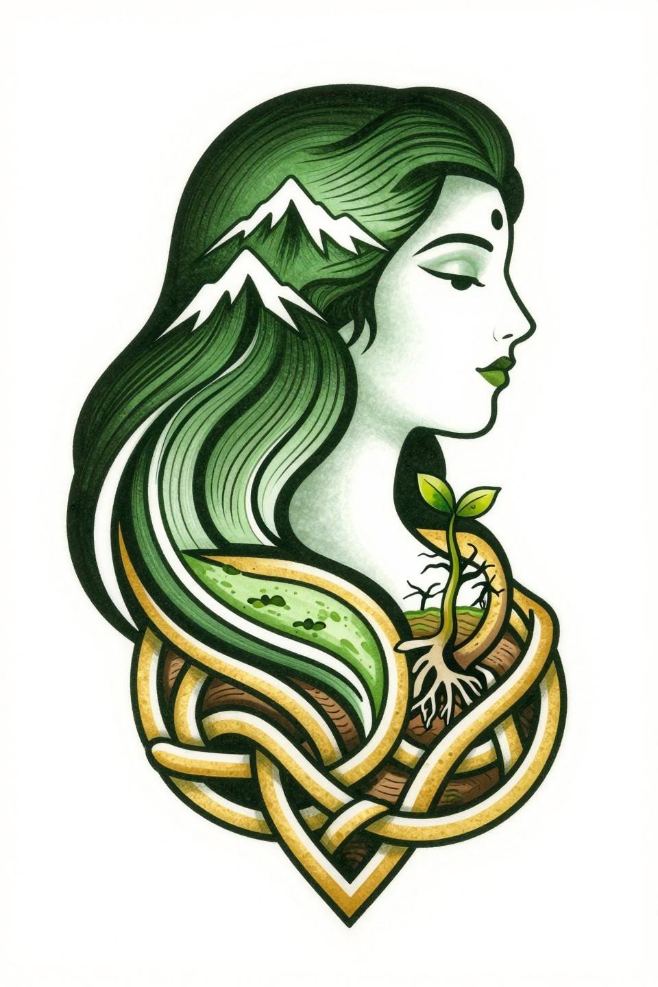 Gaia earth goddess spiritual tattoo flash, Celtic knotwork style, parallel line engraving dense hatching, forest green and gold ink, mountain hair transition