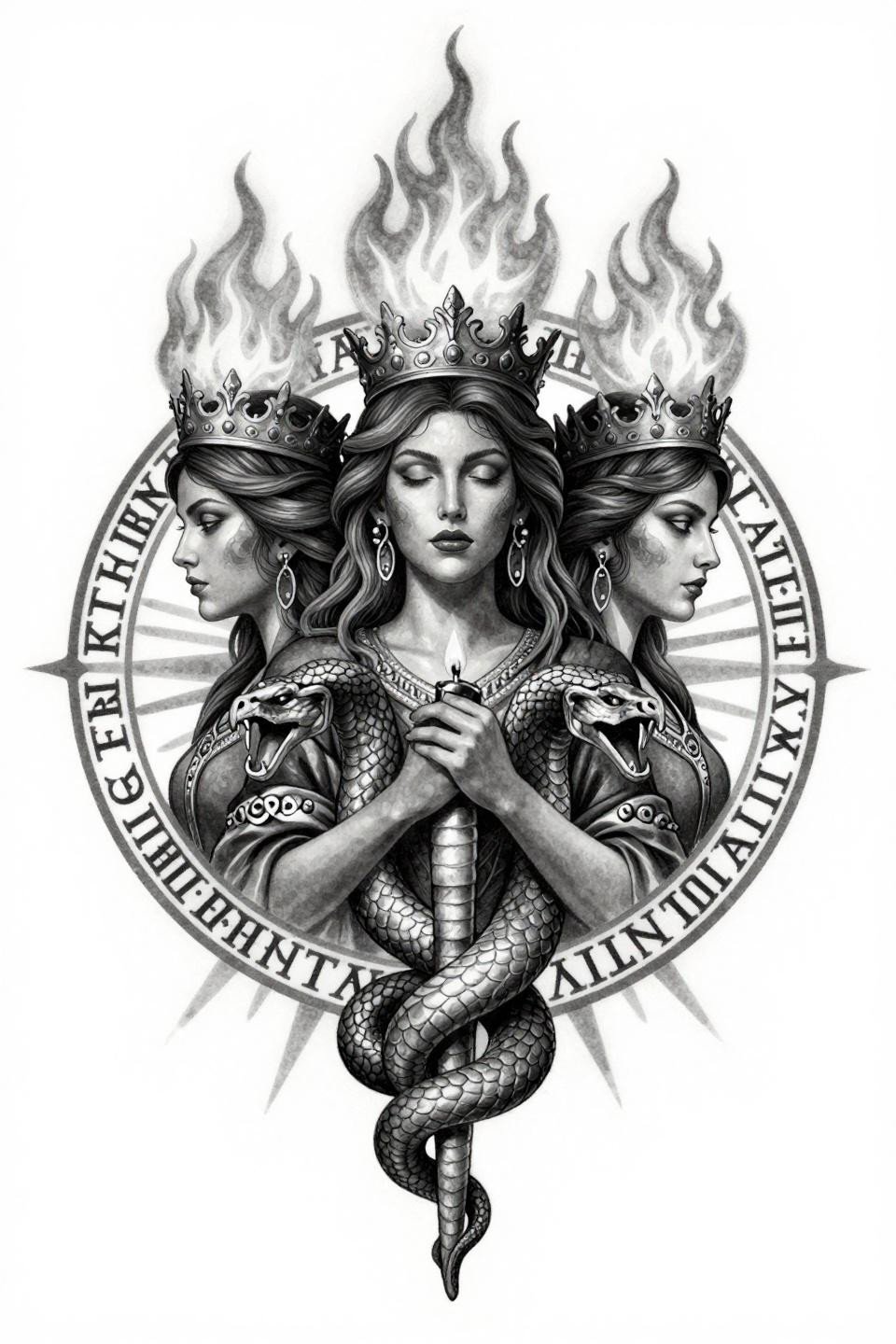 Hecate triple goddess spiritual tattoo flash, chicano grey wash style, runic sigil circle border, grey wash dilution dense to open, serpent staff centered