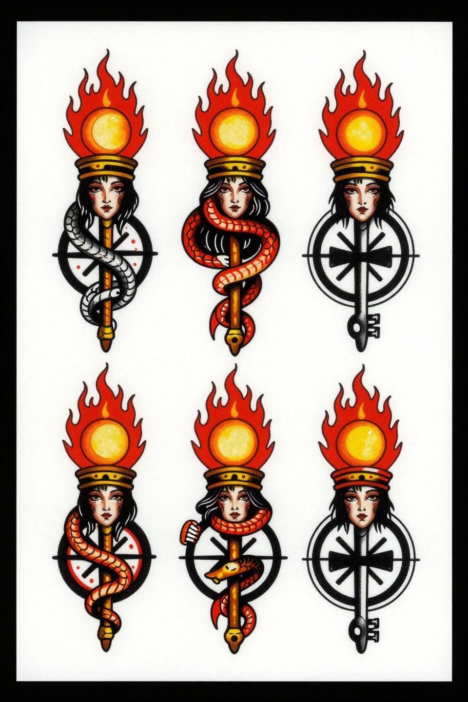 Hecate triptych spiritual tattoo flash, old school sailor style, bold 3pt black outlines, flat crimson and black fills, crossroads sigil frame, torch crown