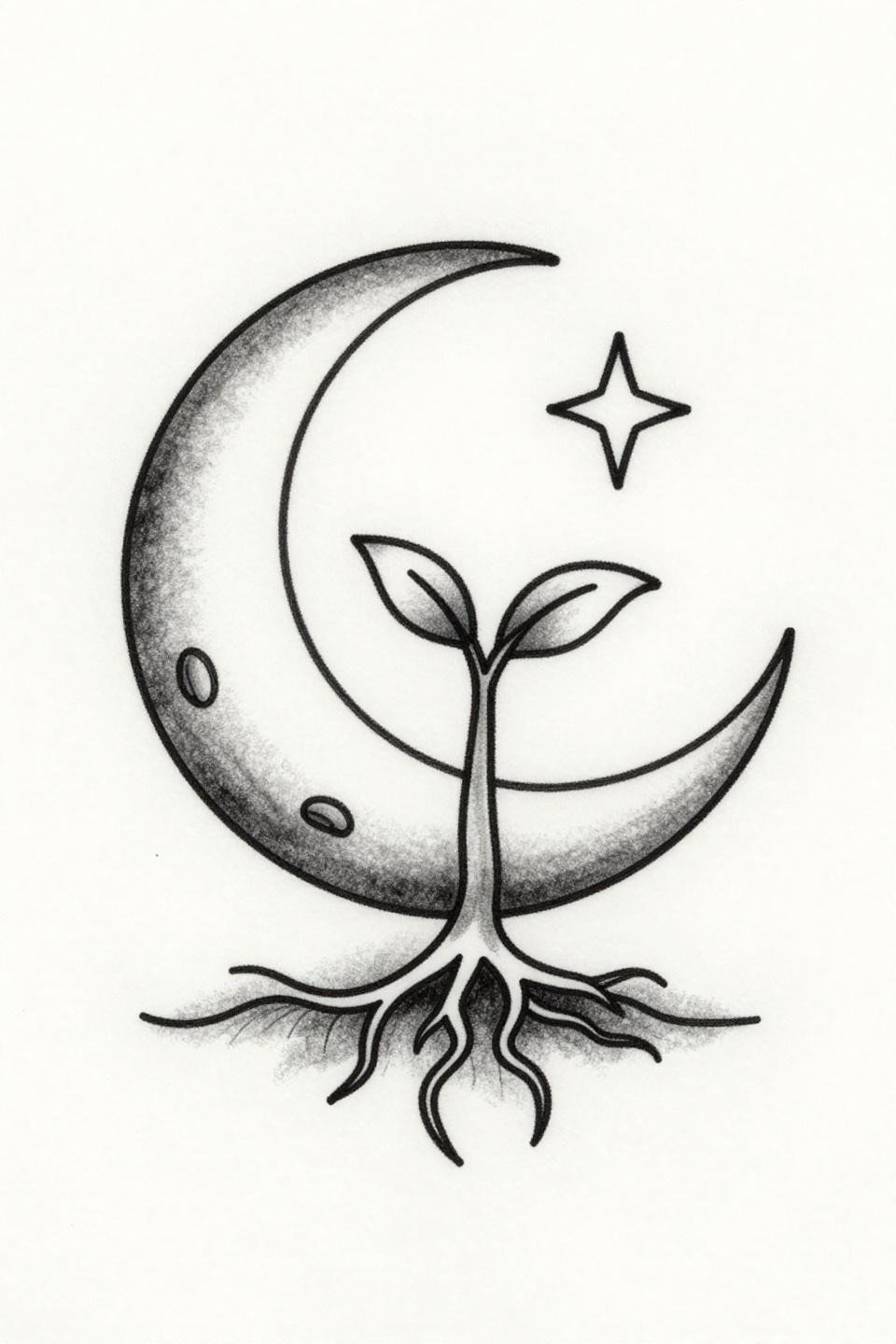 Moon seedling spiritual tattoo flash, single continuous line style, hairline 0.5mm unbroken stroke, crescent moon, three-leaf sprout, star accent, intertwining roots below