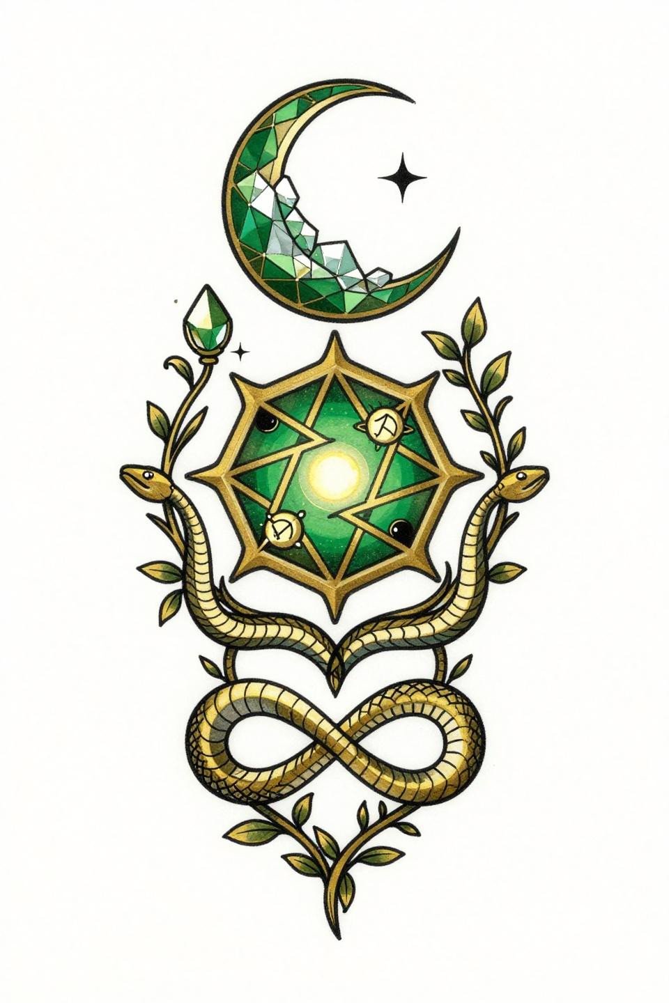 Mystical spiritual tattoo flash, art deco style, stacked crescent moon geode hexagram infinity serpent, vector precision linework, forest green and burnished gold flat fills