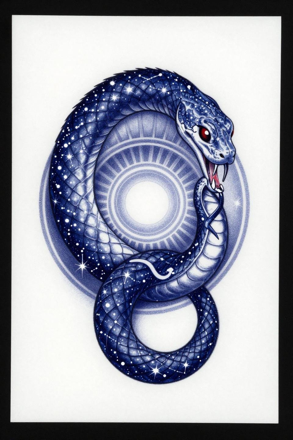 Ouroboros mandala spiritual tattoo flash, surrealist style, constellation scale pattern, spiral galaxy coil fill, whip shading curved strokes, deep indigo and crimson ink