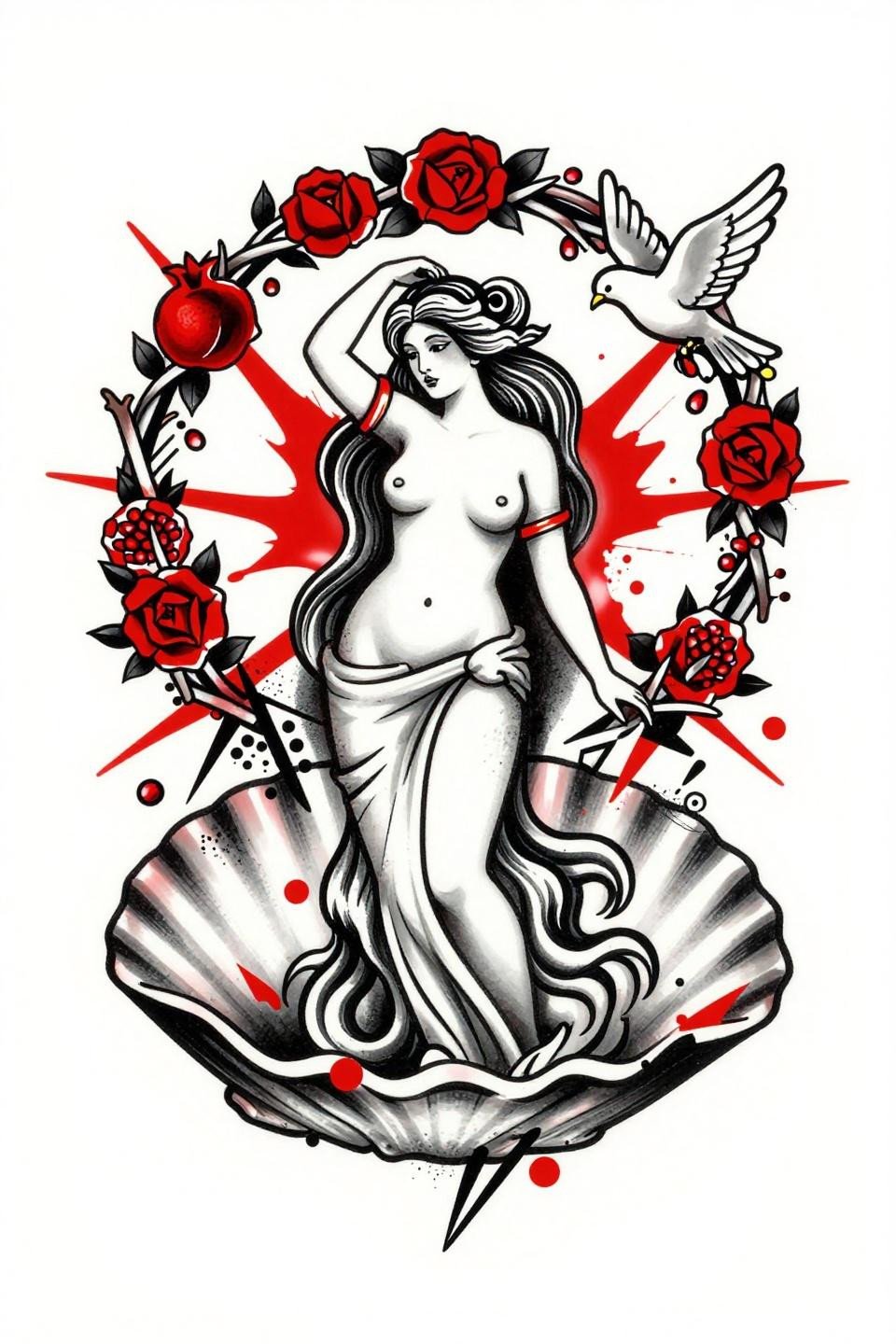 Aphrodite goddess spiritual tattoo flash, trash polka style, bold black outlines, crimson slash marks, fragmented geometry colliding with scallop shell figure