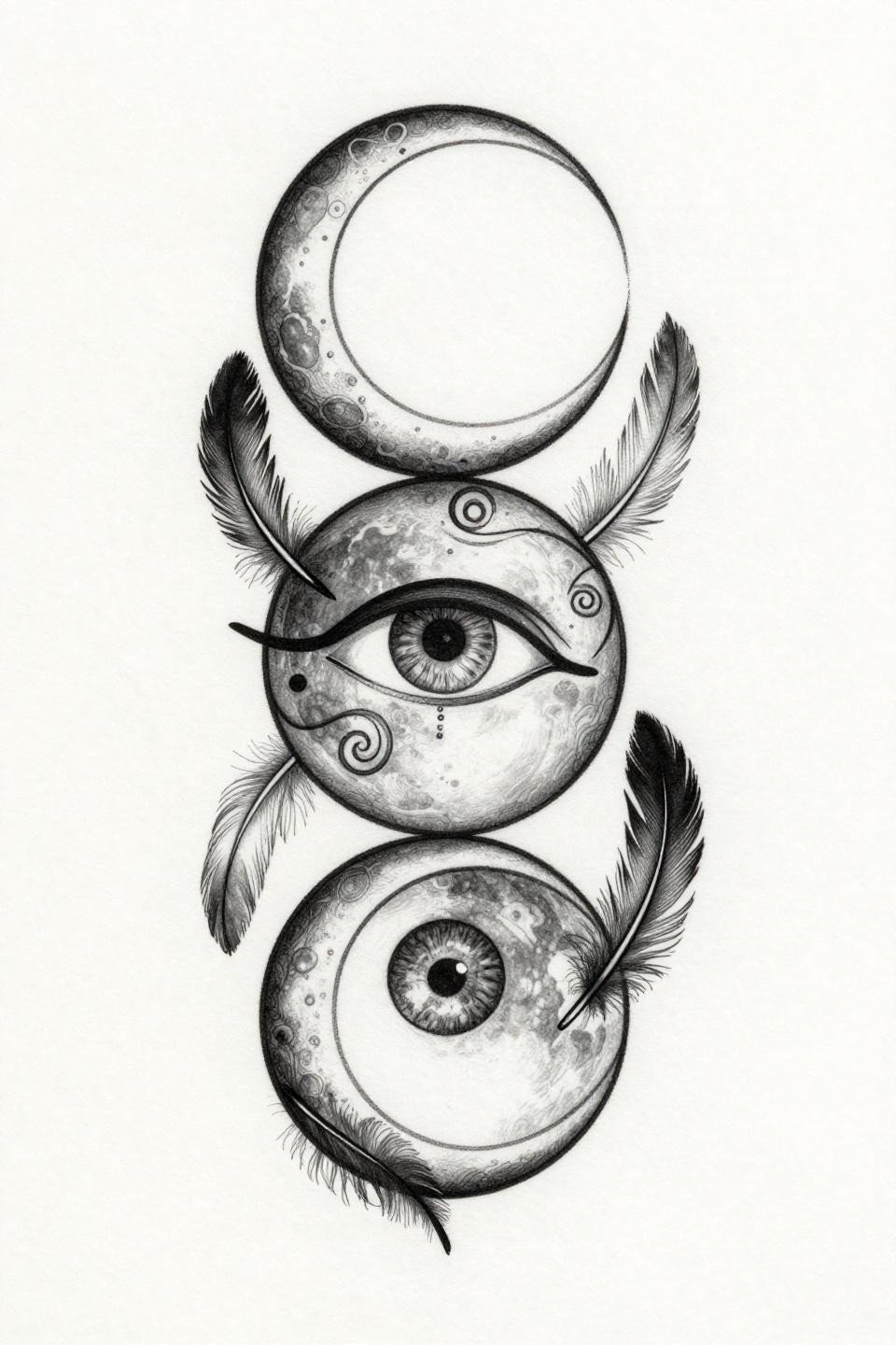 Triple moon Eye of Horus spiritual tattoo flash, fine line minimal style, hairline 0.5mm single needle strokes, grey wash midtones, spiral astral pathways, feather wisps