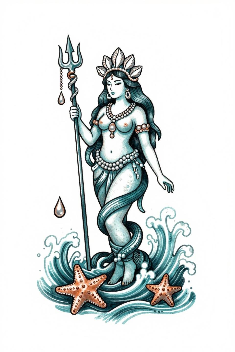 Yemaya goddess spiritual tattoo flash, ignorant style, bold 2-3pt wobbly outlines, flat deep teal and copper metallic fills, cowrie shells and trident staff