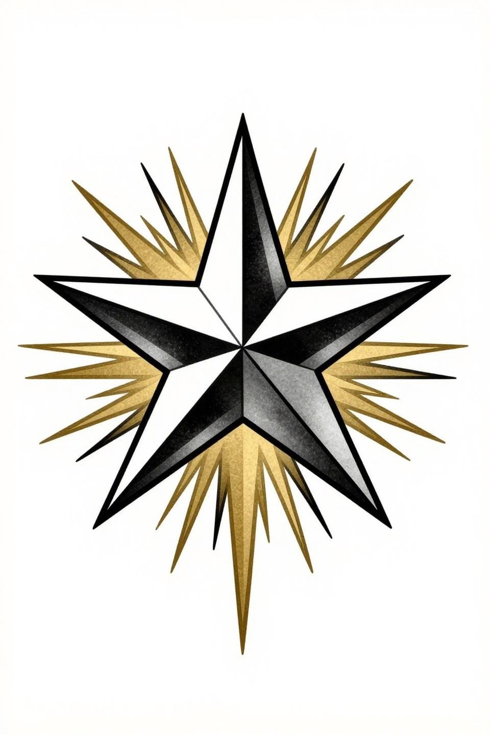 meaningful tattoos art deco style, crystalline faceted nested star-within-star geometry, compass-drafted flat fills, solid black ink with burnished gold accents on white paper