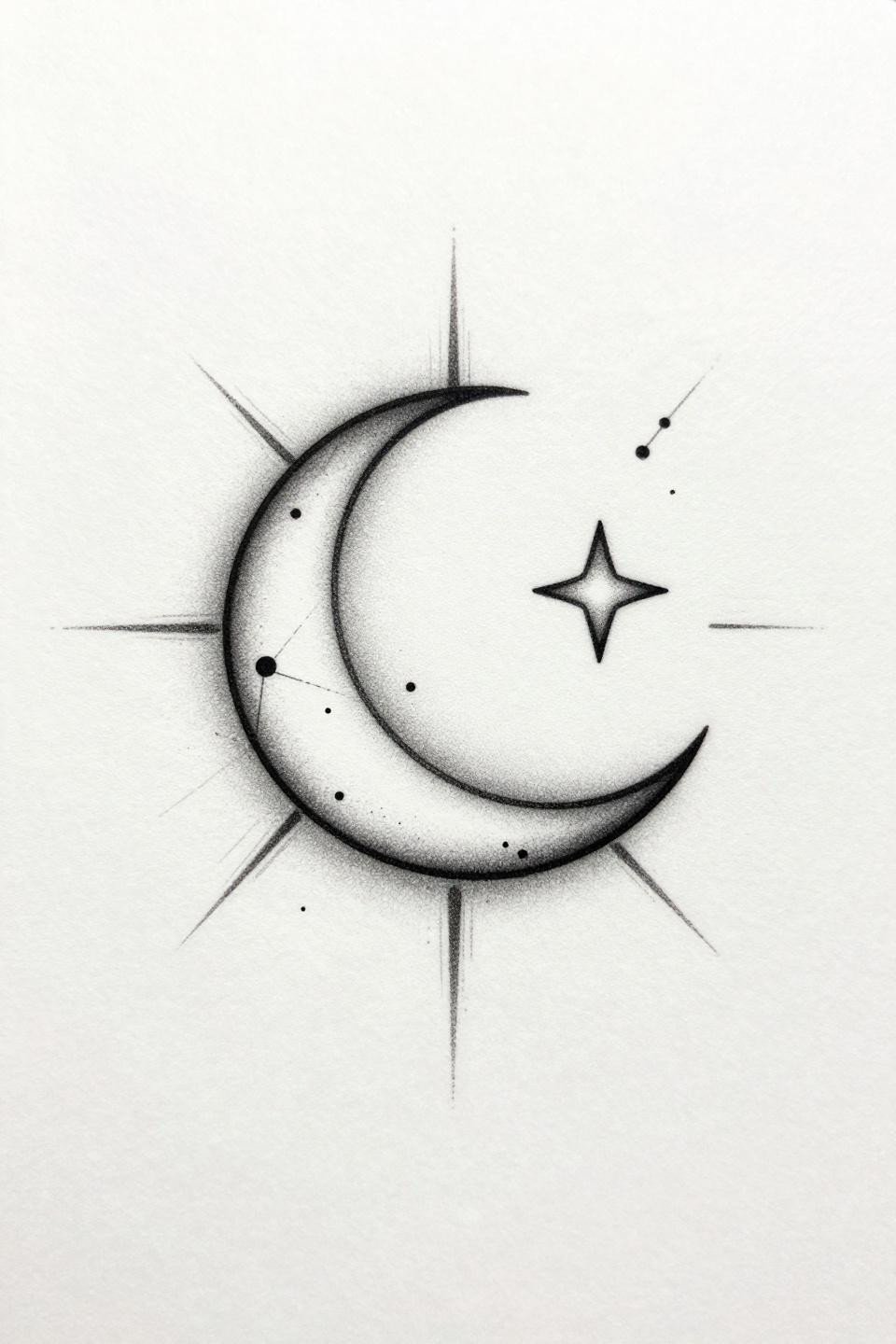 ethereal tattoos fine line minimal style, five-pointed star curving into crescent moon, dotwork constellation scatter, 0.5mm hairline strokes stipple gradient, black ink grey wash on white paper