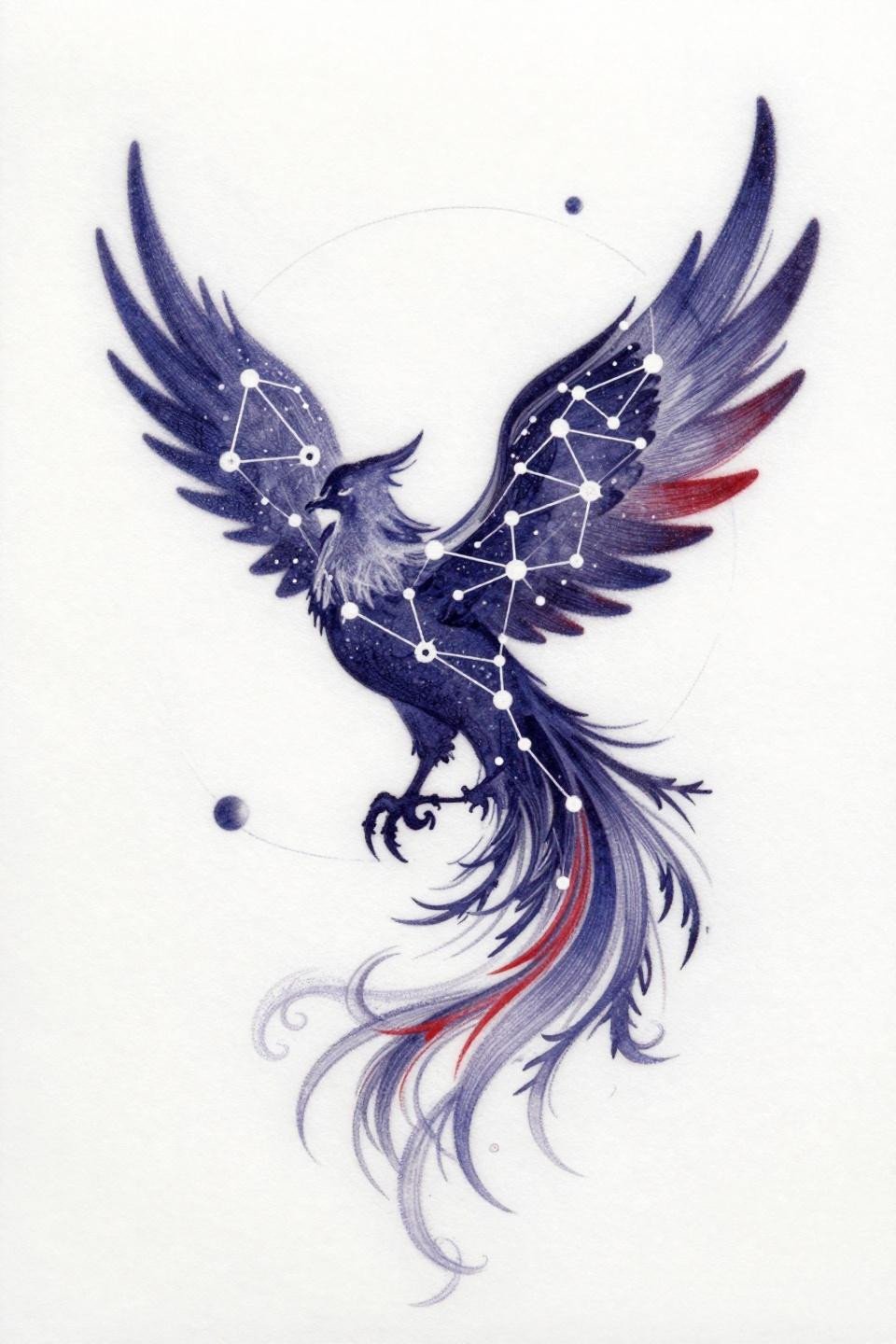 meaningful star tattoo surrealist style, phoenix constellation silhouette, whip shading curved strokes, deep indigo ink with crimson accents on white paper