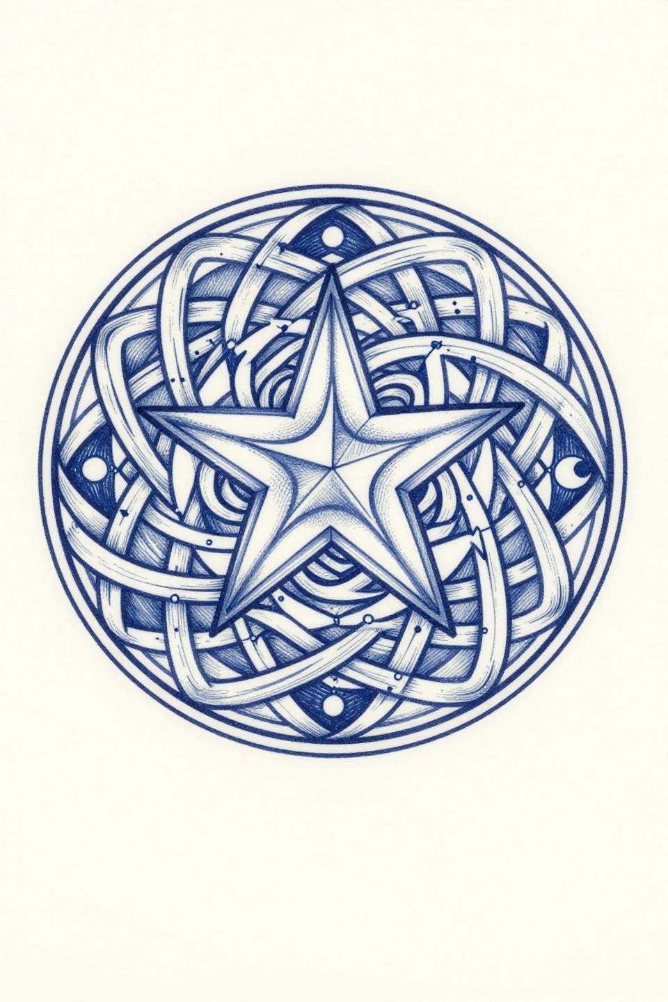 cool star tattoo celtic knotwork mandala style, interlaced concentric rings with crescent moon negative spaces, parallel line engraving technique, navy blue ink on cream ground