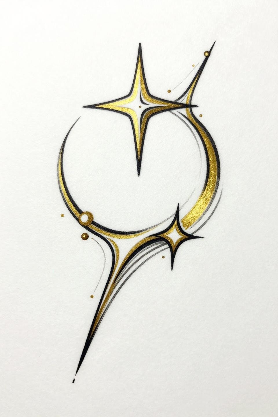 moon and stars tattoo single continuous line style, five-pointed star morphing into crescent moon, varying line weight, rich gold metallic ink on black line, white paper