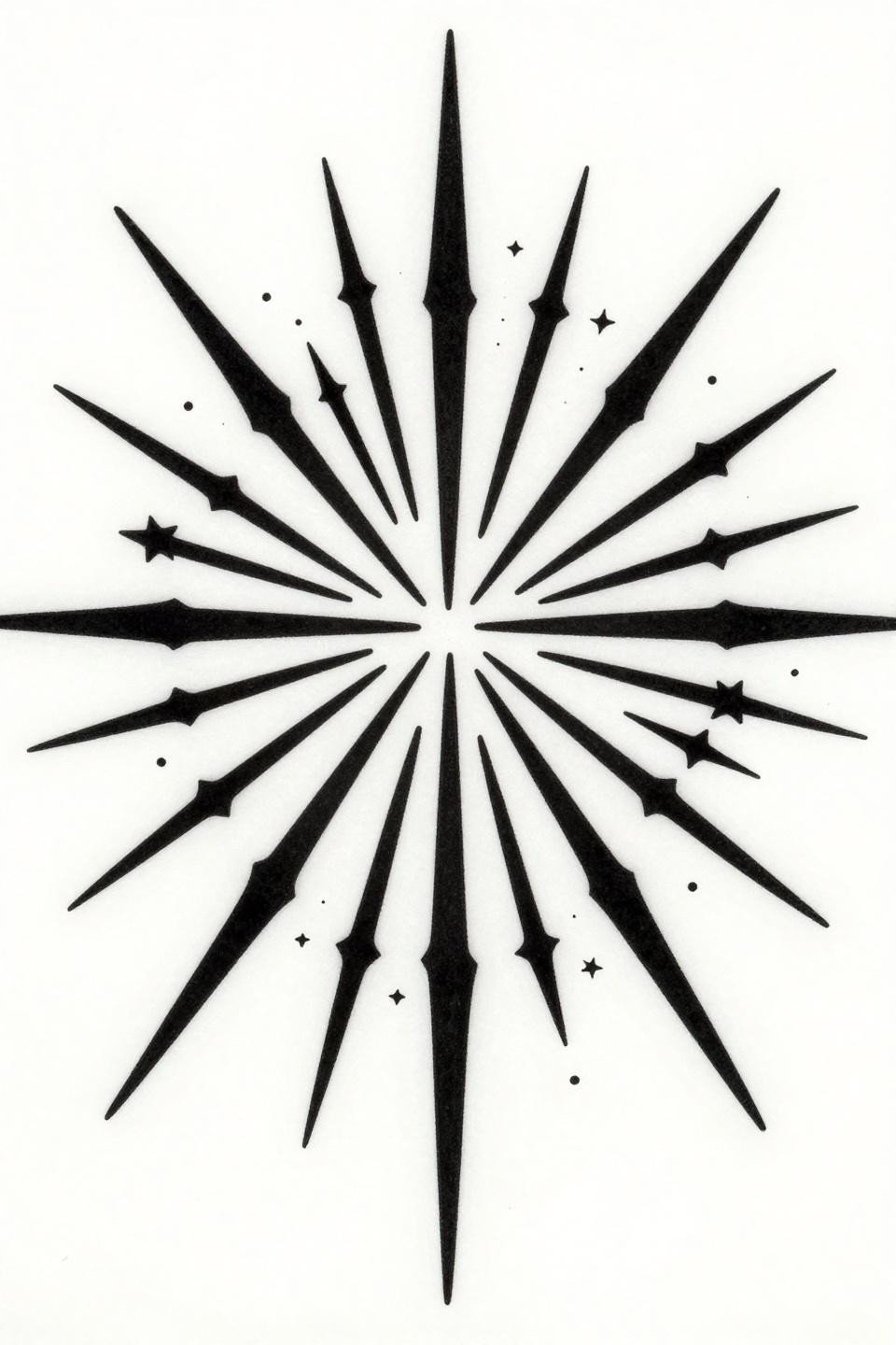 ethereal tattoo ideas tribal geometric style, eight-ray starburst with secondary stars in negative spaces, bold 2-3pt black outlines, flat black fills high contrast solid geometry