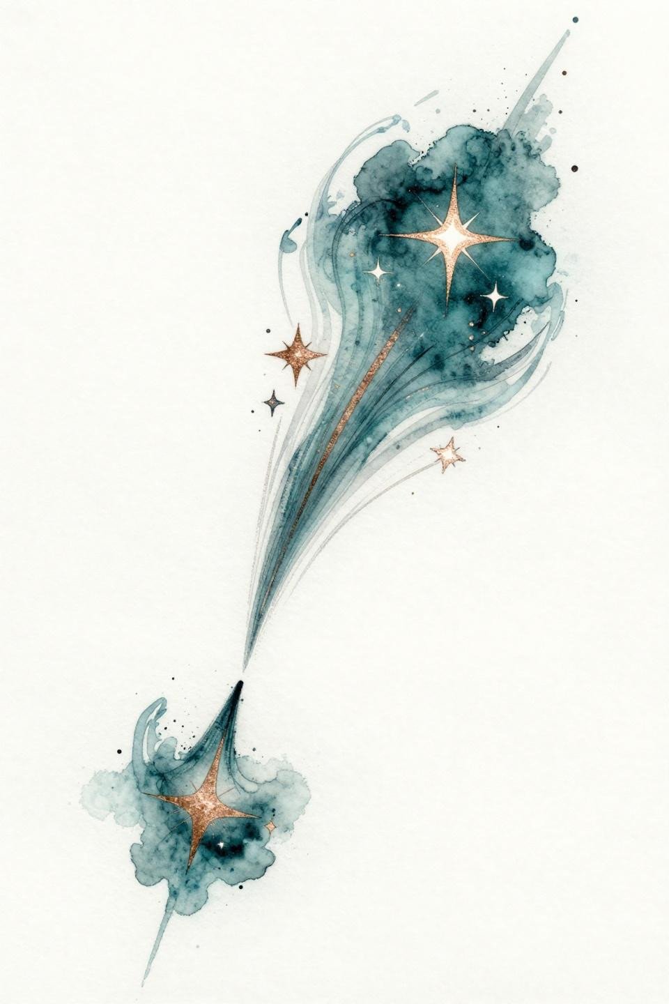whimsical tattoos watercolor splash style, shooting star comet tail with stardust particles, teal ink copper metallic accent washes, calligraphic brush ink marks on white paper