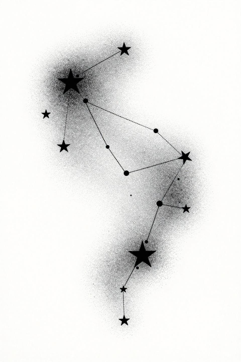 celestial tattoos blackwork dotwork constellation, irregular scatter map varying point sizes, stipple gradient dense core to open edge, black ink grey wash dilution on white paper
