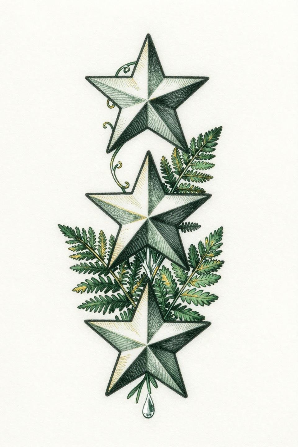 star tattoos celestial botanical flash, crosshatch etching woodcut linework, forest green ink with gold accents, stacked vertical composition on white paper
