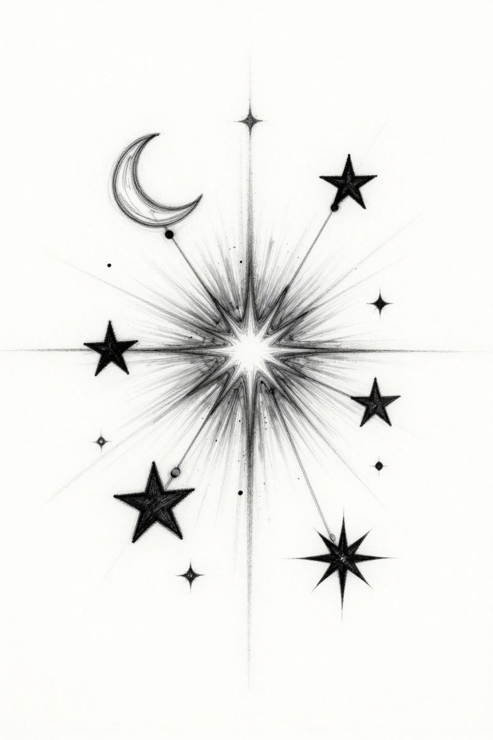 sparkle tattoo constellation fine line sketch style, eight stars with thread connectors, grey wash dilution midtones, gestural brush ink calligraphic marks on white paper