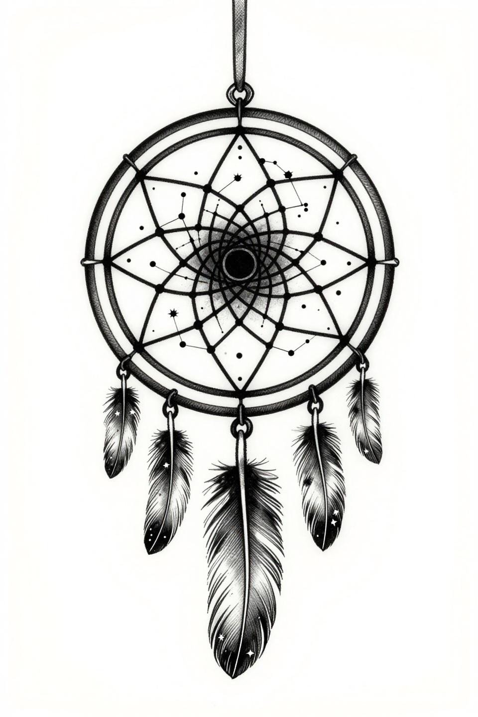 dream tattoo Japanese Irezumi style, dreamcatcher with five-pointed star replacing circle web, micro star feathers, dense hatched grey wash shadows, black ink on white paper