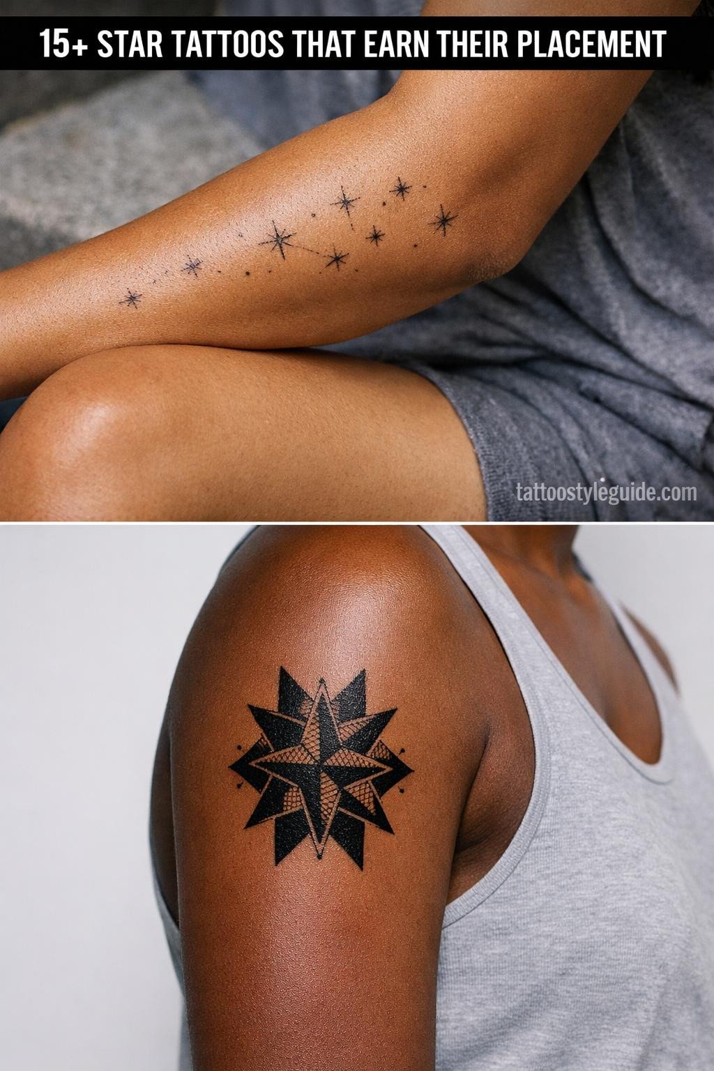 Star tattoos collage, fine line constellation forearm and blackwork geometric upper arm, 0.5mm and dotwork detail, olive and deep brown skin tones