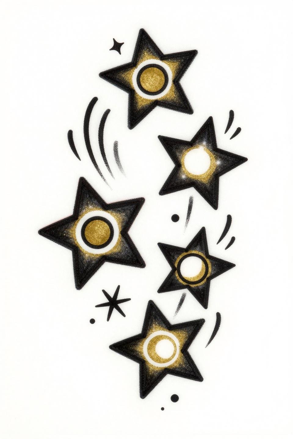 Y2K tattoo ideas old school sailor style, five descending stars with concentric rings and sparkle bursts, bold 2-3pt black outlines, flat gold fills on white paper