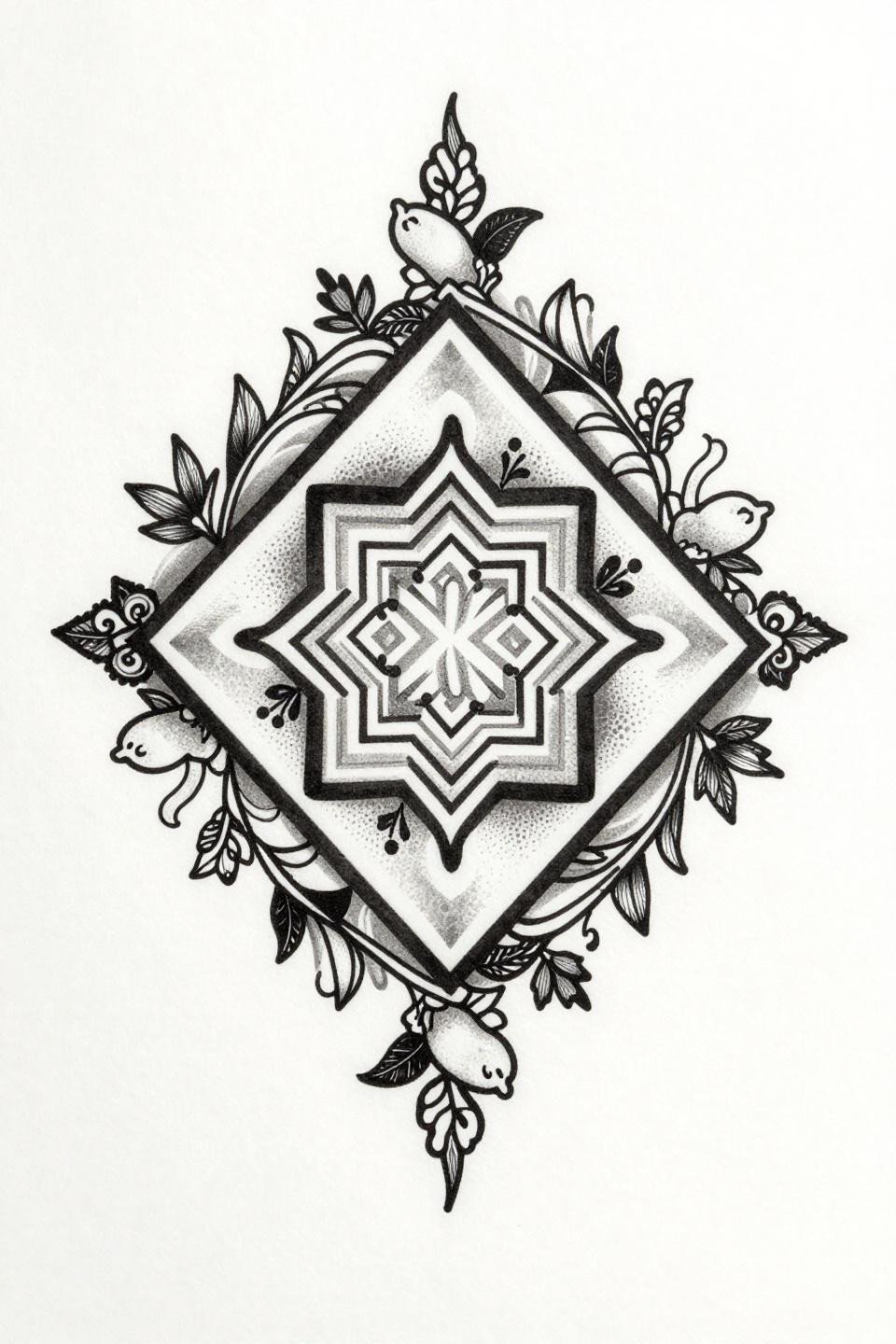 Arabic mehndi designs modern, Japanese Irezumi style flash, vine scrolls, mango motifs, hexagonal lattice dotwork, diamond composition, bold 2-3pt outlines flat ink fills