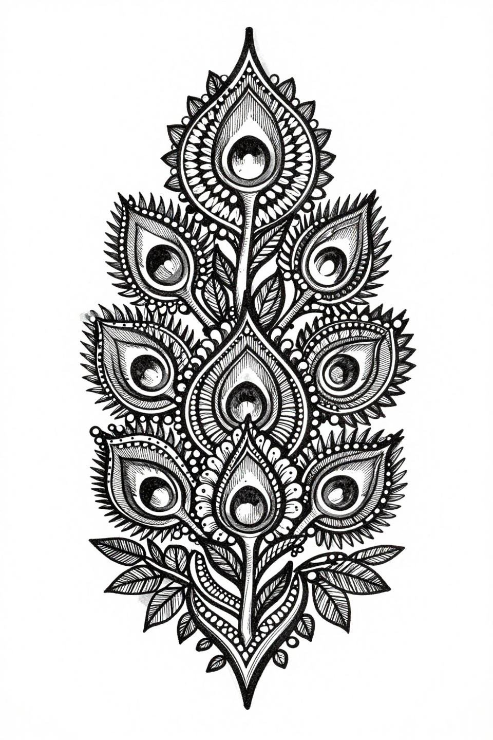 trending mehandi designs, etching woodcut style flash, peacock-eye mandala stack, mango leaf vine tendrils, dotwork lattice bands, parallel line engraving shadow mapping