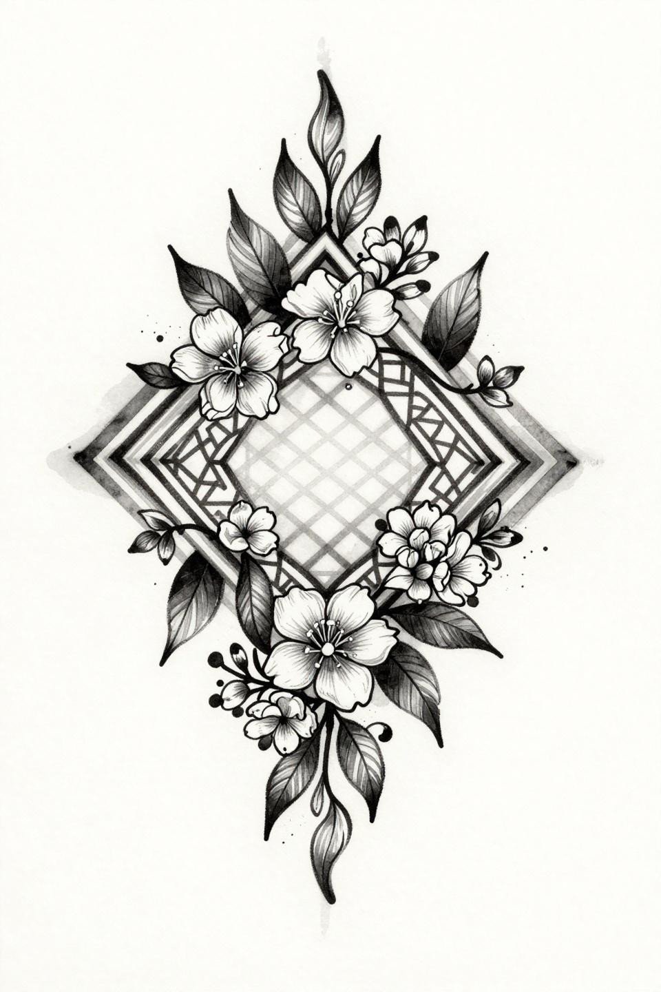 trendy mehndi designs front hand, watercolor splash calligraphic style, hexagonal lattice, mango leaf vines, bilateral symmetry, grey wash dilution midtones, diamond frame composition