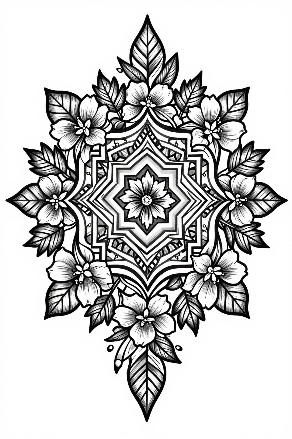 stylish mehndi designs front hand, neo-traditional flash, hexagonal lattice infill, bold 3-4pt outlines, bilateral jasmine floral clusters, downward triangle composition