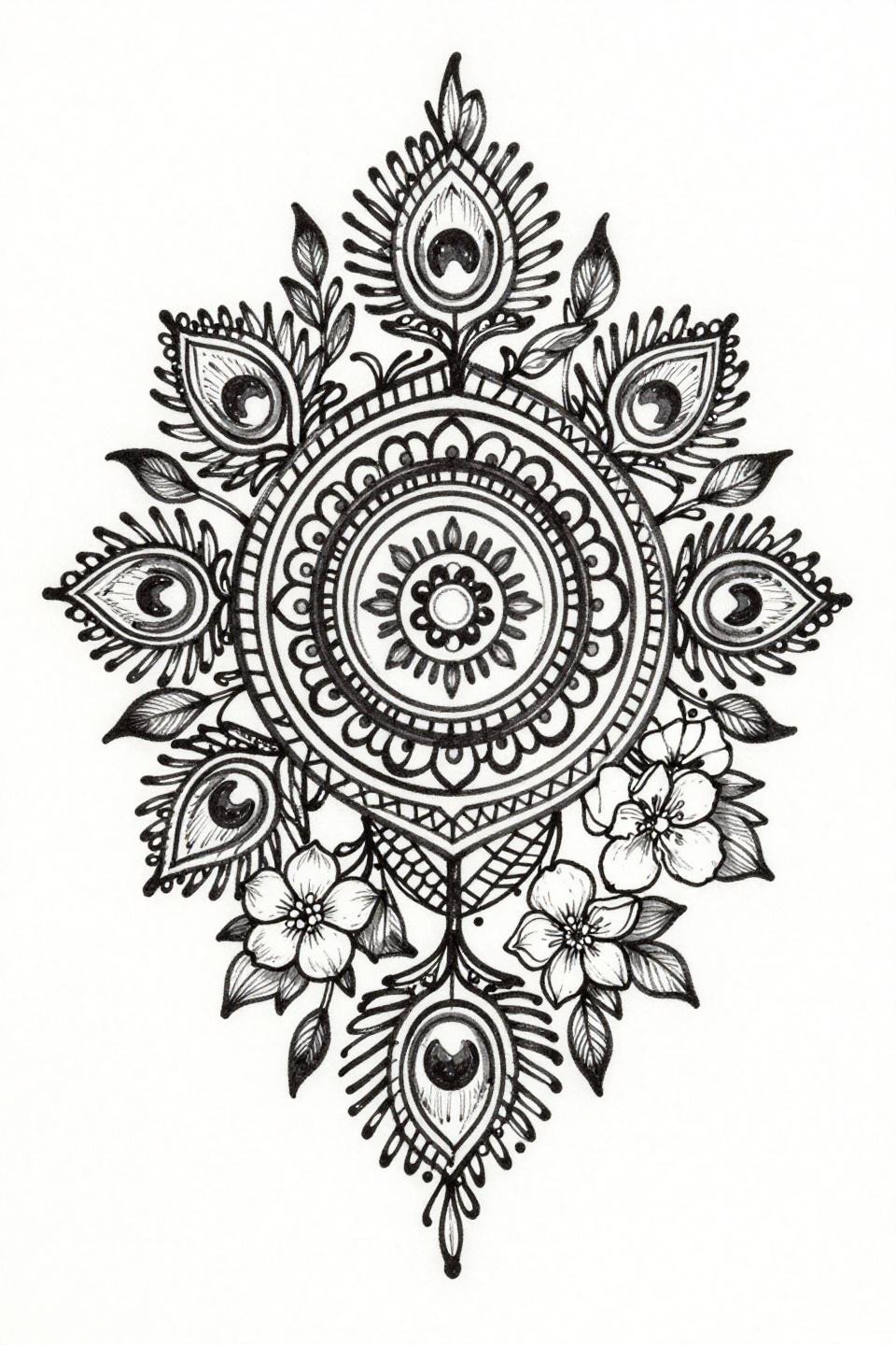fancy mehndi designs, single continuous line style flash, peacock-eye mandalas, botanical vine columns, geometric lattice band, jasmine clusters, calligraphic wet ink quality
