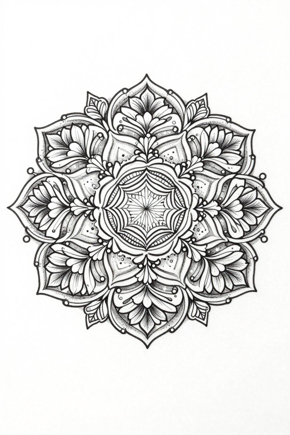 modern mehndi designs front hand, fine line minimal mandala flash, stipple dot gradient dense-to-open, lotus spiral, hexagon lattice center, radial symmetry, single needle style