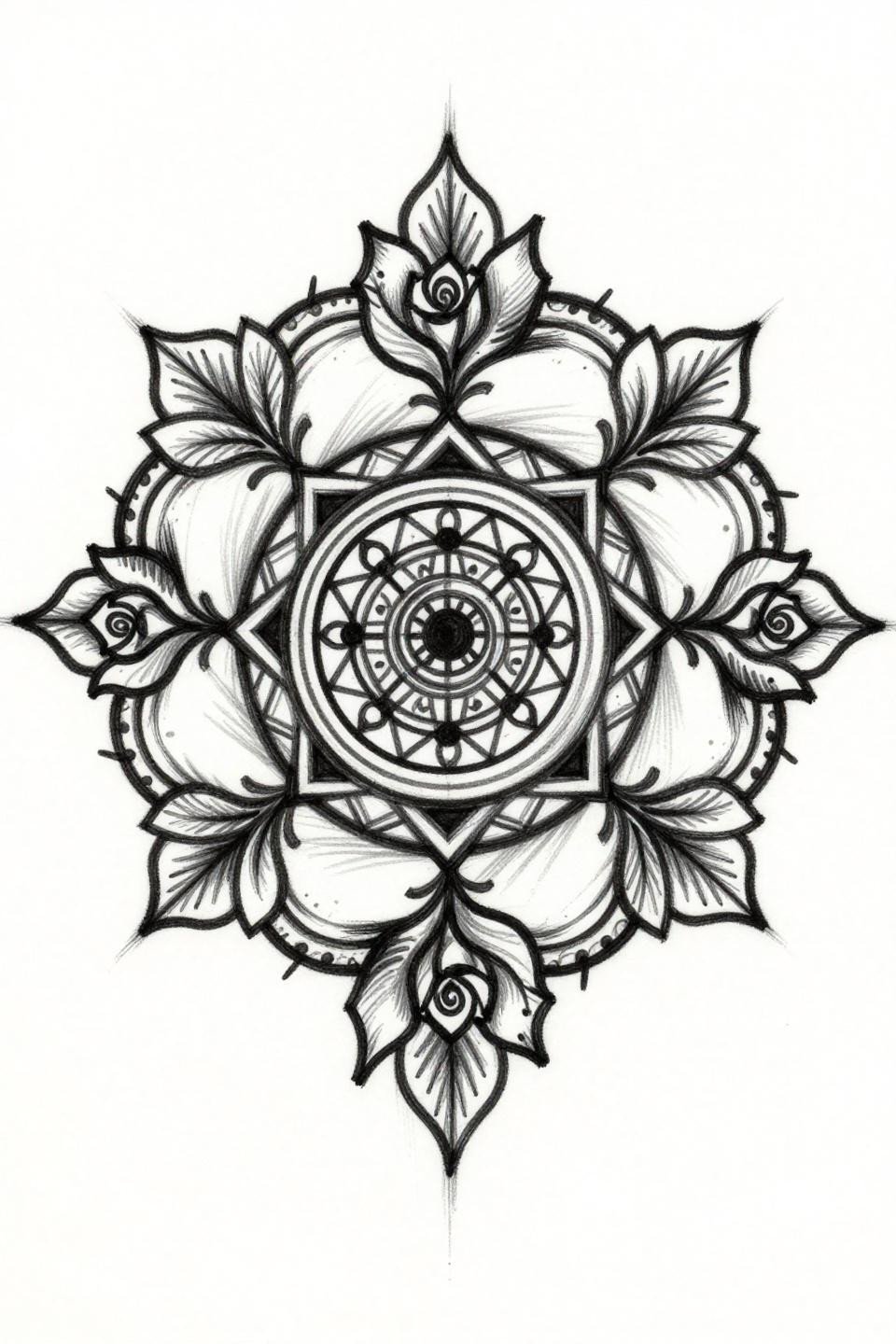 full hand mehndi design, raw sketch style flash, spiral rose blooms, geometric diamond band borders, bilateral symmetry, varied-weight gestural outlines on white paper