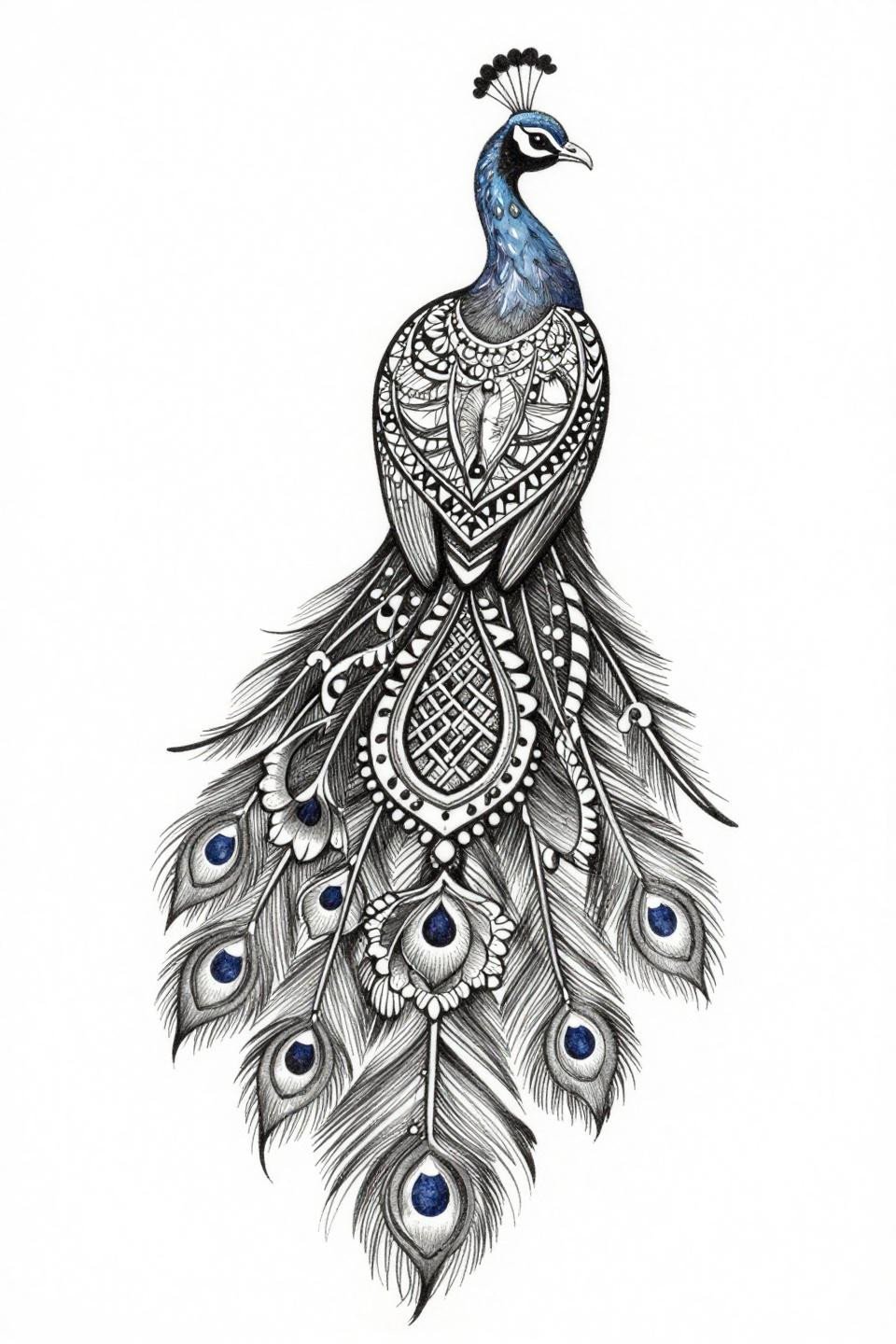 latest mehndi designs unique front hand, botanical scientific style flash, naturalistic peacock tail plumage, teardrop lattice medallion, stipple dotwork center, hairline 0.5mm single needle strokes