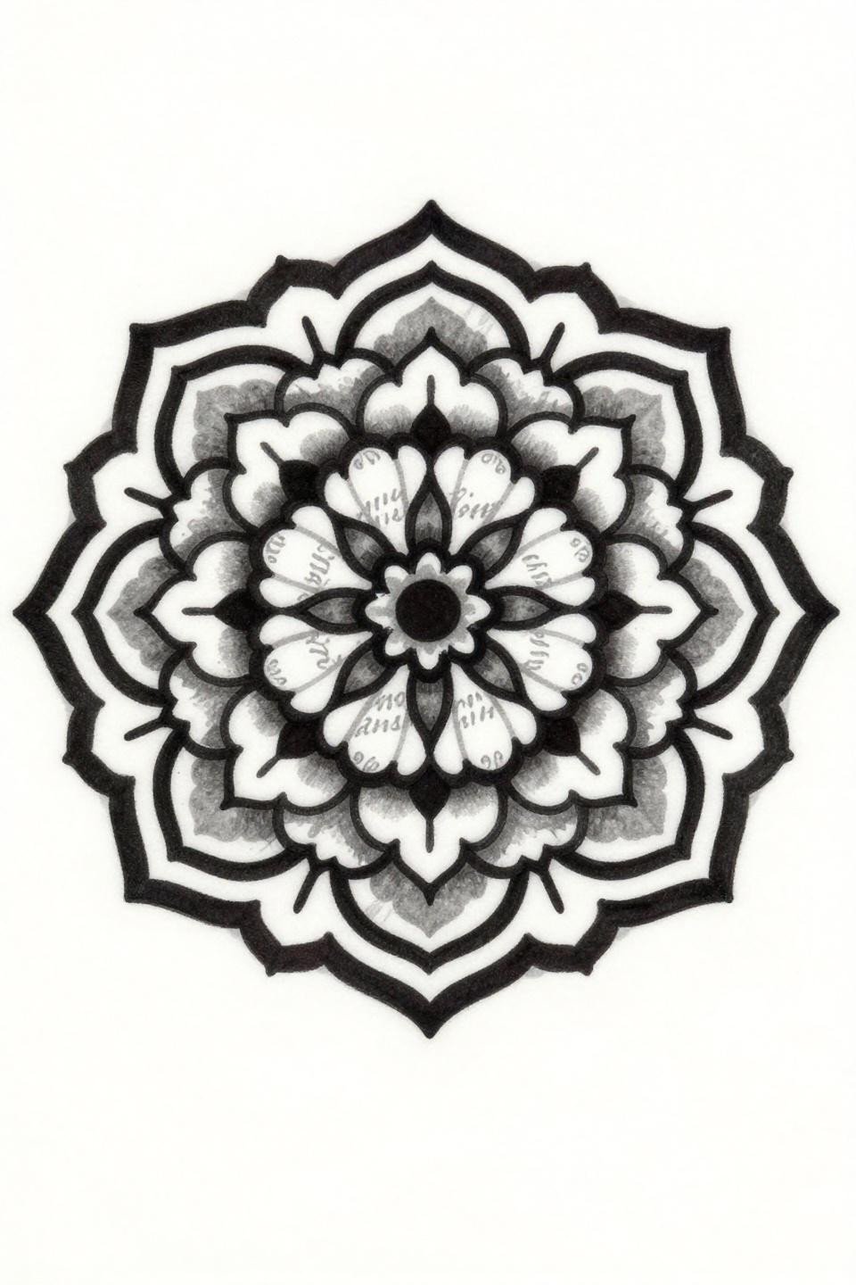 tattoo cover up ideas for women traditional American mandala flash, bold 2-3pt black outlines, flat black ink fills, layered floral petals, arabesque geometry, obscured script negative space pathways