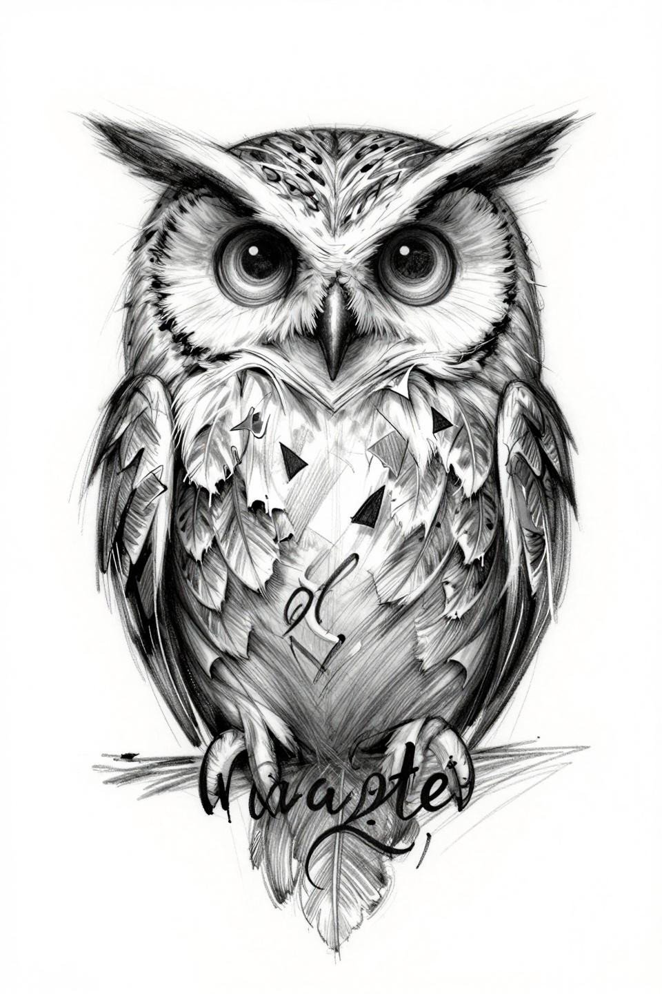 tattoo cover up ideas for women, blackwork owl flash, aggressive diagonal whip shading, loose gestural pencil marks, dense shard feather radiating pattern