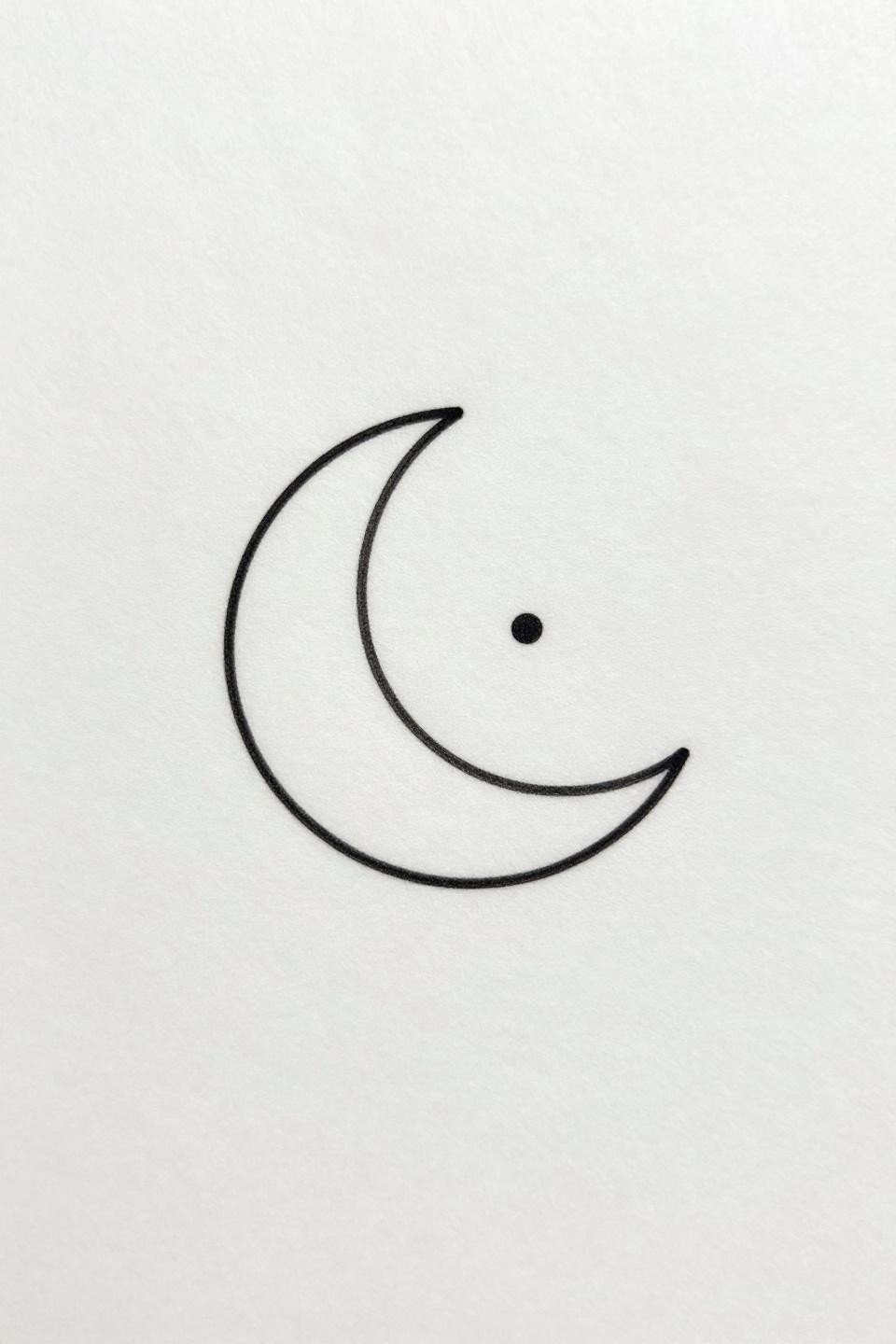 fine line minimal finger tattoo flash, geometric crescent moon, single continuous hairline stroke, centered dot inside concave curve, uniform single weight, black ink on white