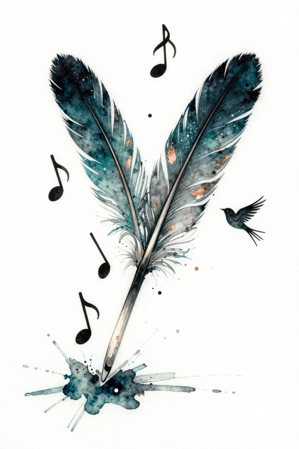 watercolor splash style tattoo flash, feather dissolving into musical staff and ascending eighth notes, final note as songbird silhouette, deep teal and copper metallic washes on white paper