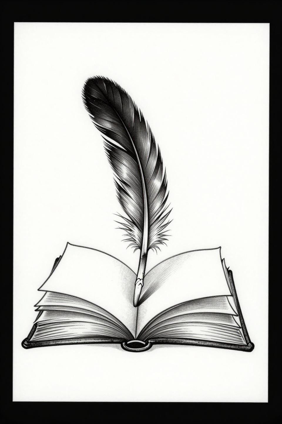 fine line minimal tattoo flash, open book with feather rising from spine, hairline 0.5mm single-needle strokes, open negative space, dense black ink on white