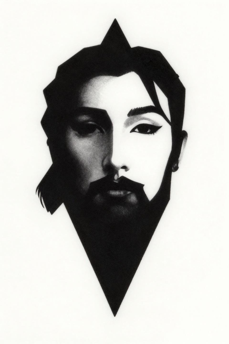 tribal geometric simple tattoo flash, angular mountain peak with facial profile at apex, dual figure-ground interpretation, bold 2-3pt black outlines flat fills, dense black ink on white paper