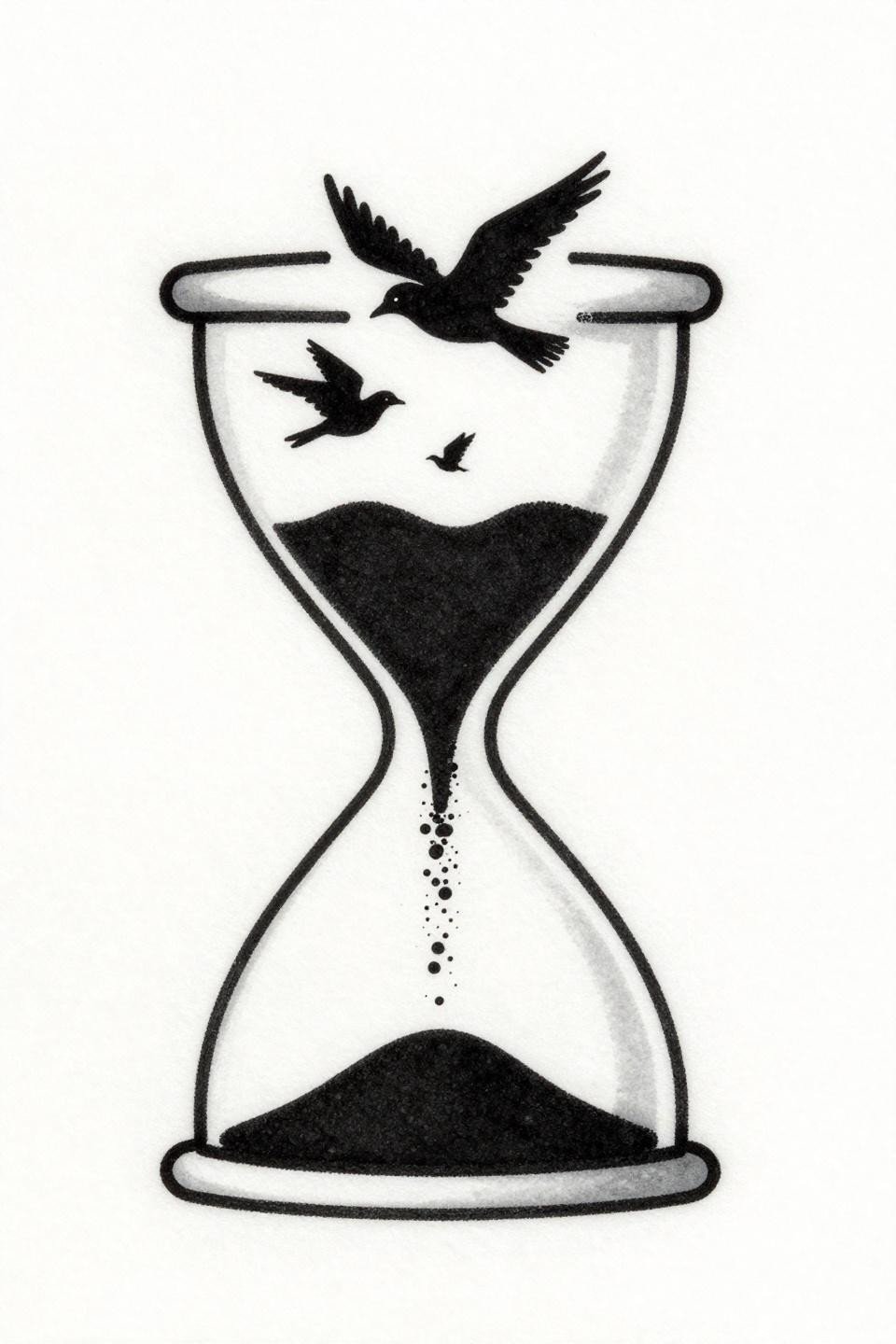 single continuous line style tiny meaningful tattoo flash, hourglass with sand dissolving into ascending bird silhouettes, bold 2-3pt black outlines, flat black fills, strong vertical composition on white paper