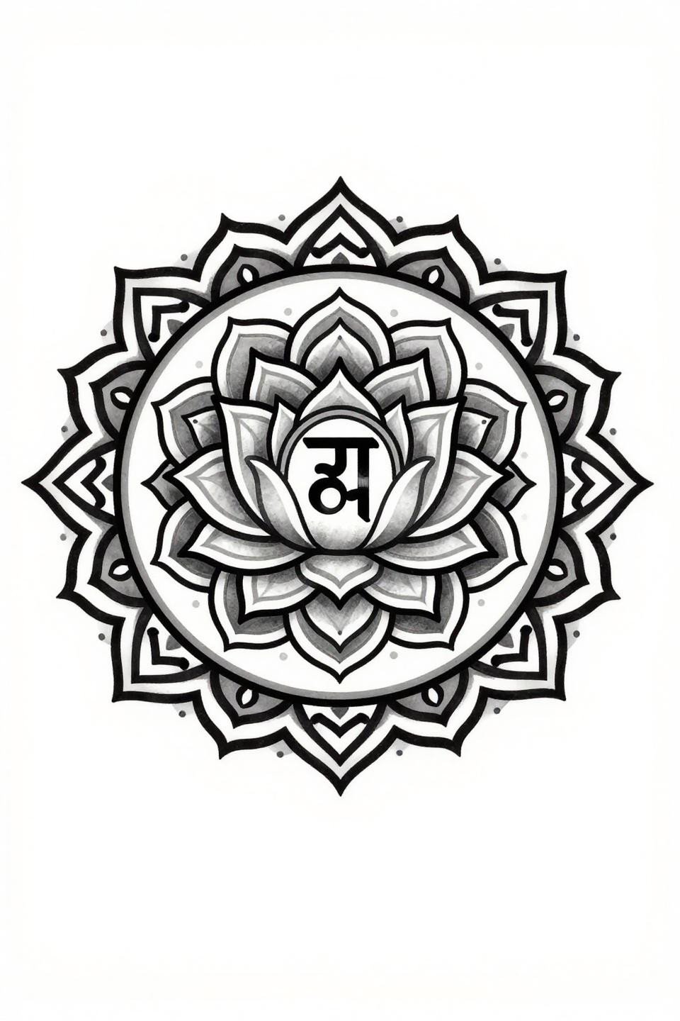 Art Nouveau lotus mandala unique meaningful female tattoo flash, Sanskrit character at center, concentric petal rings geometric to organic, bilateral symmetry, flat black fills and grey wash midtones on white paper