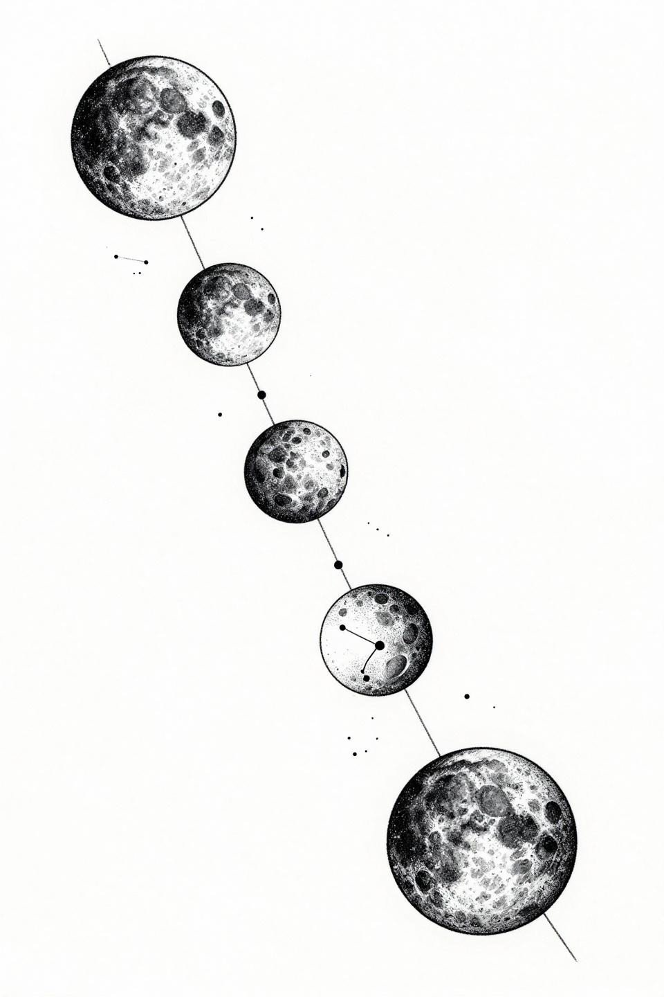 blackwork dotwork unique female tattoo flash, moon phase cycle in asymmetric arc, stipple dot gradients dense at core fading to open edges, constellation points in negative space, black ink on white