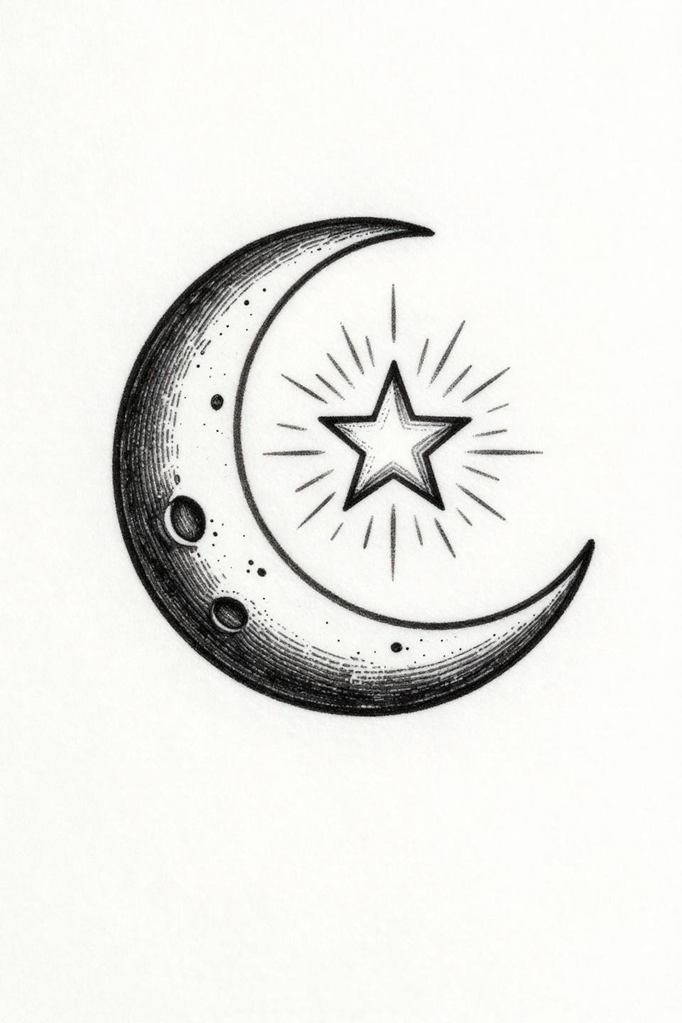 etching woodcut style first tattoo flash, geometric crescent moon cradling star, crosshatch parallel line engraving, circular tondo composition, dense black ink on white, zero grey wash