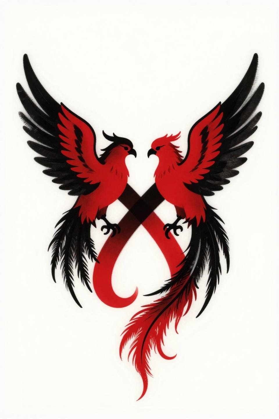 neo-traditional tattoo flash, infinity symbol morphing into two phoenix silhouettes mid-flight, bold 2-3pt black outlines, crimson red flat fills, bilateral mirror symmetry on white paper