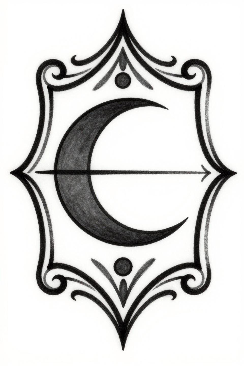 tattoos placement for women art nouveau geometric moon, bold 2-3pt outlines, flat grey wash fills, art nouveau scrollwork border, radial symmetry on white paper