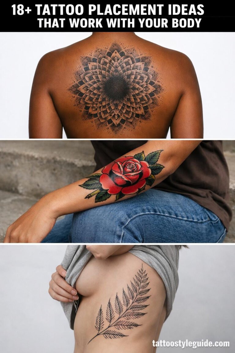 3-panel tattoo placement collage: blackwork mandala on back, traditional rose on forearm, fine line fern on ribs, multiple skin tones, studio and natural light
