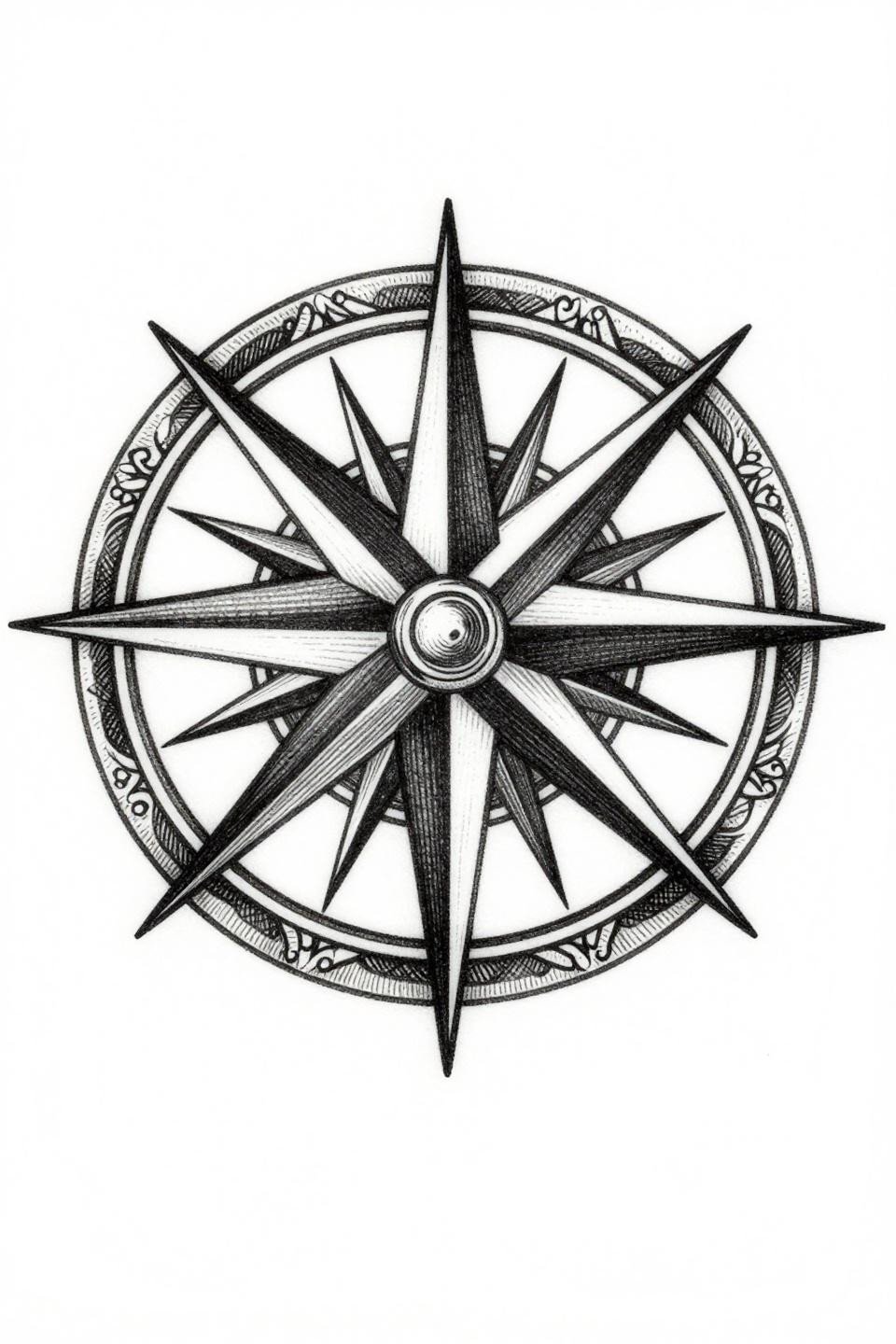 discreet tattoo placement ideas compass rose, etching woodcut style, parallel line crosshatch shading, ornamental engraved border, geometric linework on white paper