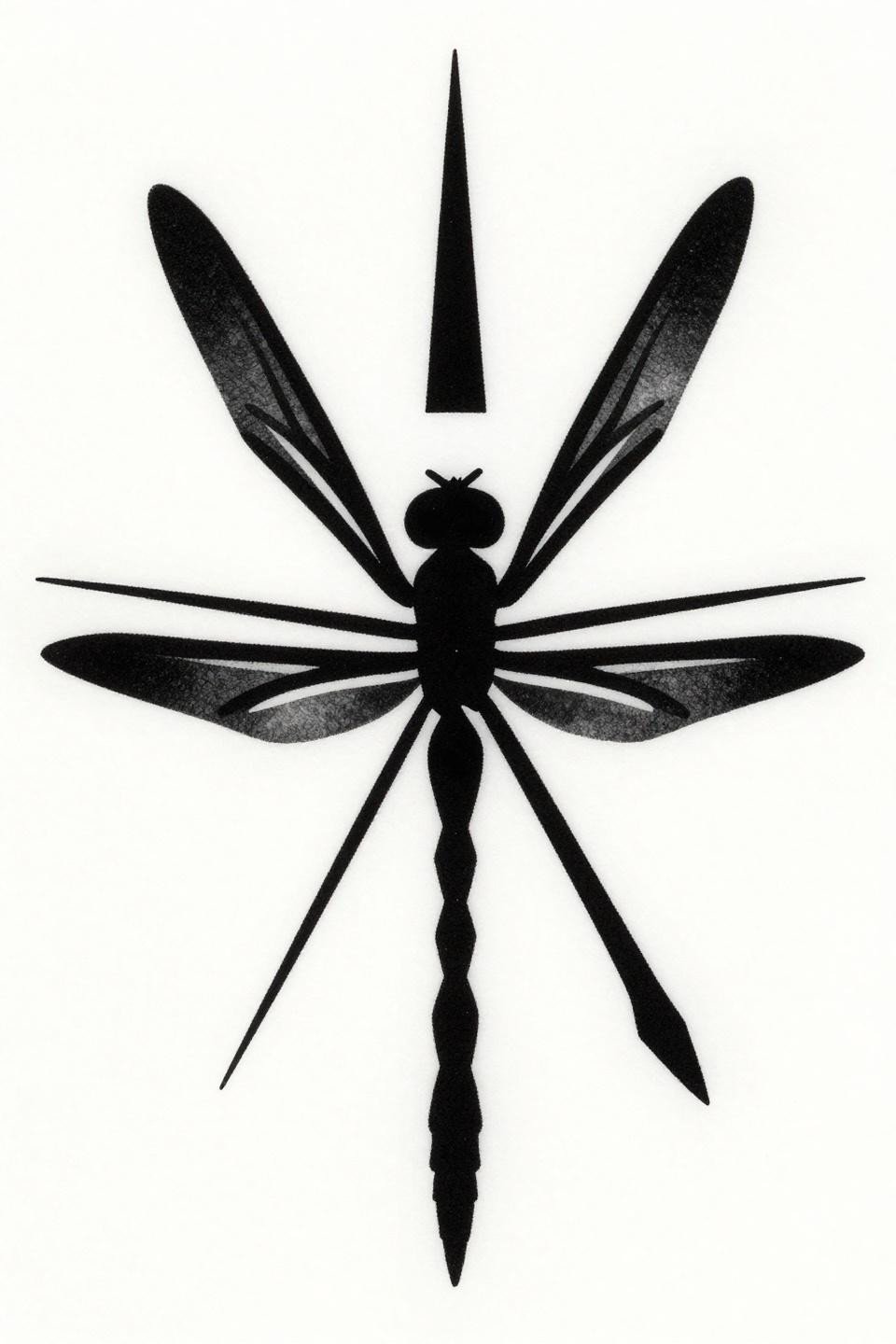meaningful tattoo placement ideas dragonfly geometric tribal, bold 2-3pt outlines, flat black fills, solid negative space triangles, strict side profile on white paper