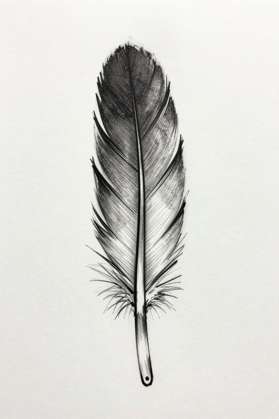tattoo placement ideas feather flash, sketch style, bold 2pt crosshatch outlines, asymmetric barbs, charcoal texture grey wash on white paper