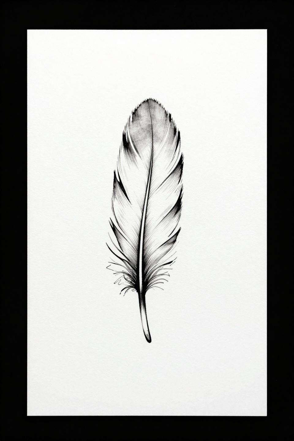 hidden tattoo placement ideas feather single continuous line, calligraphic brushwork 0.5mm hairline stroke, asymmetric barbs, wet ink quality, black ink on white paper