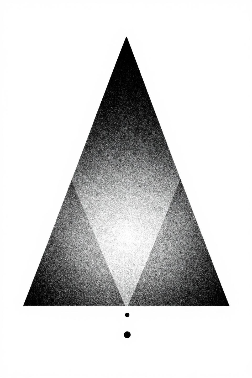 subtle tattoo placement ideas geometric dotwork equilateral triangle, stipple dot gradient dense to open, no solid outlines, three dot baseline, bisecting horizontal line on white paper
